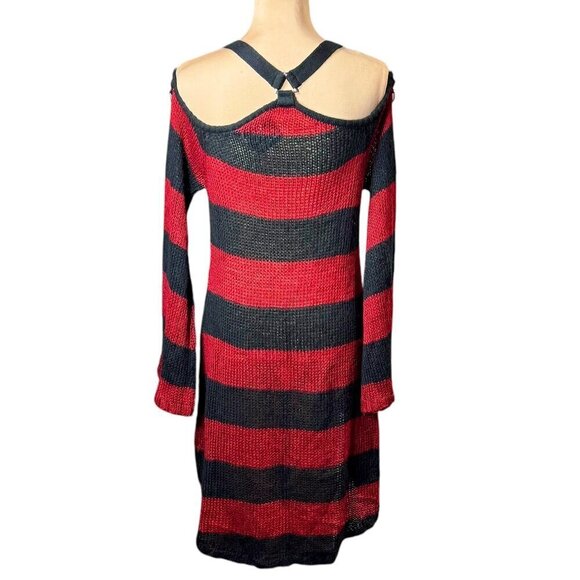 KILLSTAR Sweater Dress Sz.S  Red Black Knit Distressed Bell Sleeve Goth Punk - Picture 7 of 15